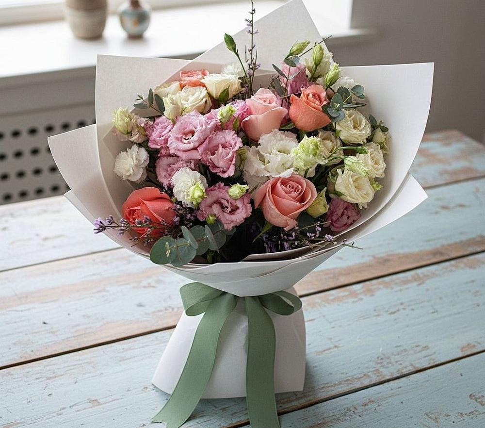 Букет цветов из: Розы, Лизиантусы и Гвоздики в Хабезе