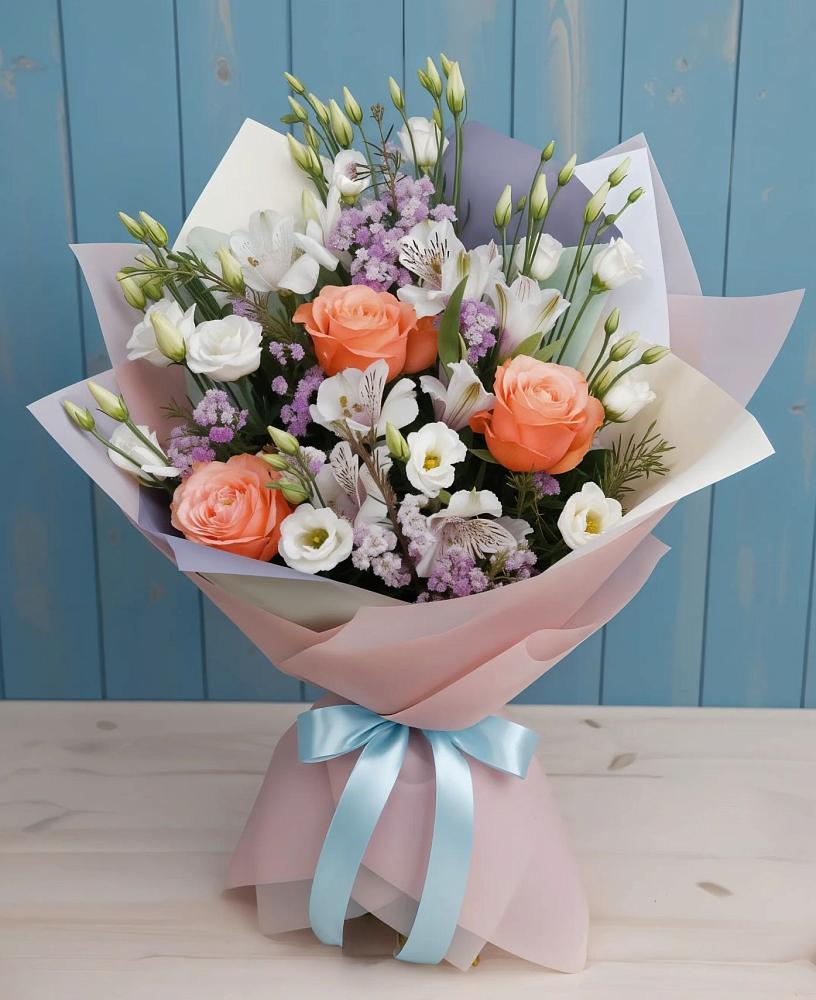 Букет цветов из: Лизиантусы, Розы, Альстромерии и Гипсофила в Хабезе